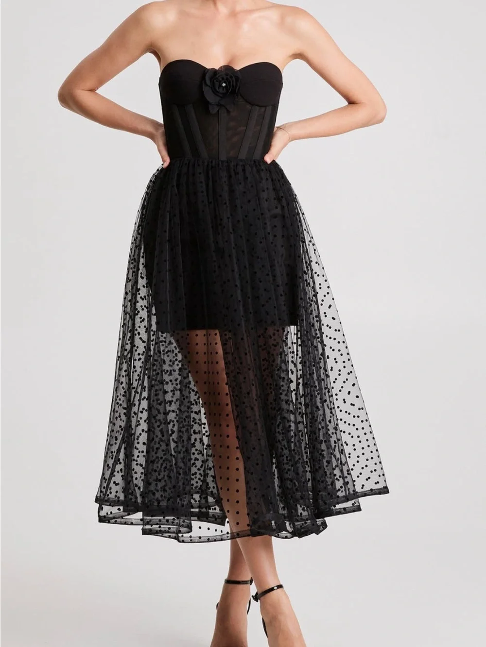 Strapless Black Polka Dot High-Low Skirt